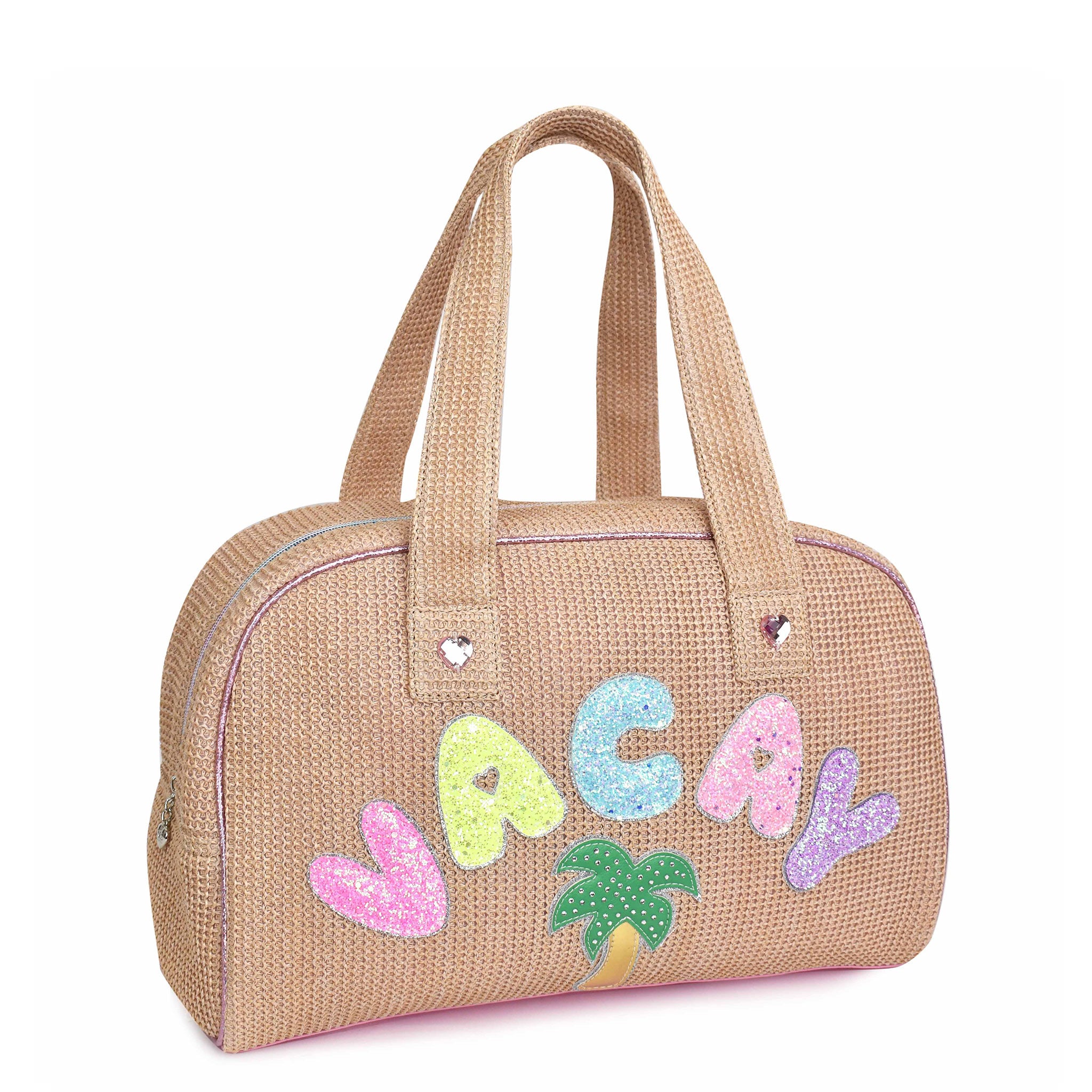 Side view of straw 'Vacay' medium duffle bag with glitter bubble-letter patches and palm tree patch