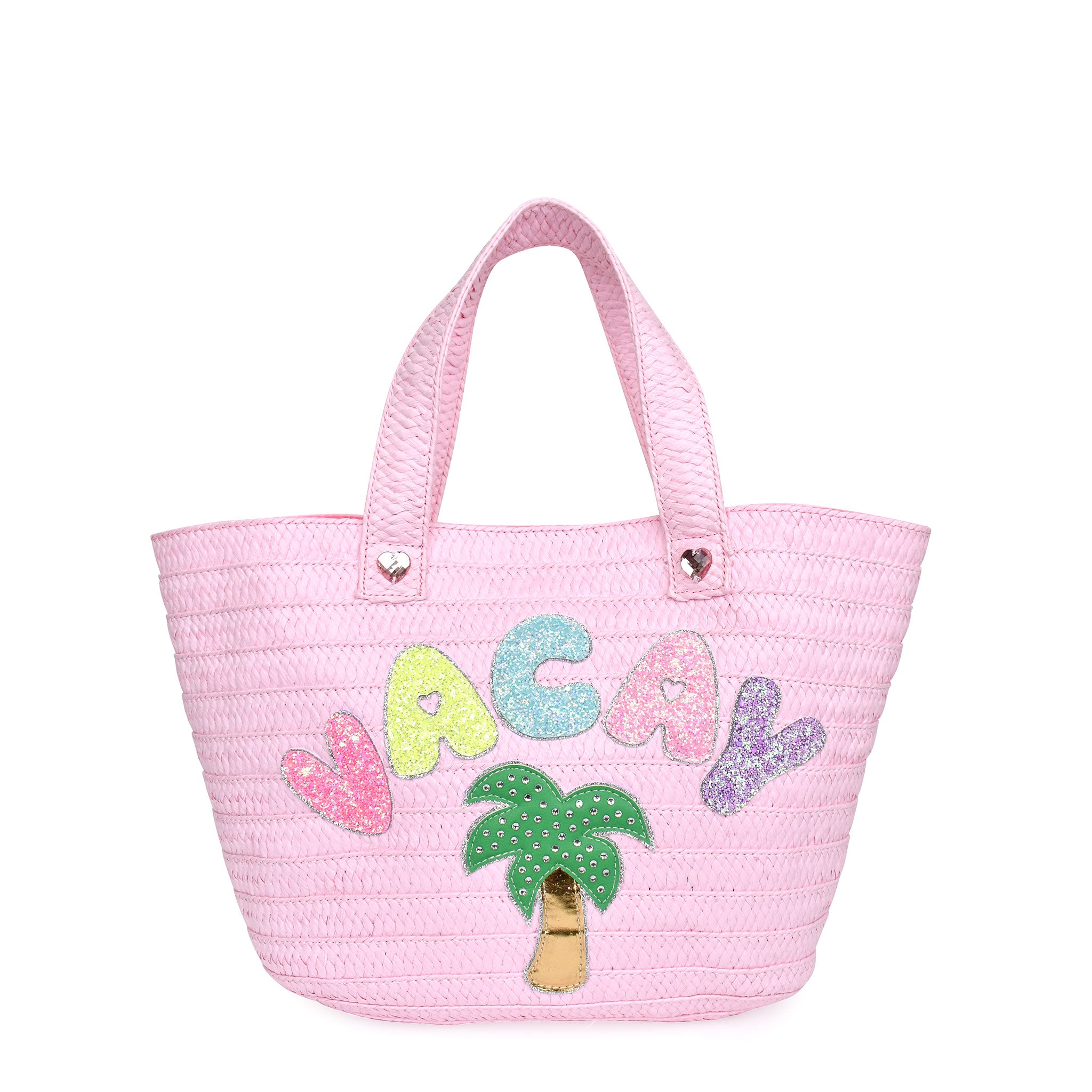 Front view of a pink straw beach tote with glitter bubble letters 'VACAY' and palm tree appliqué 