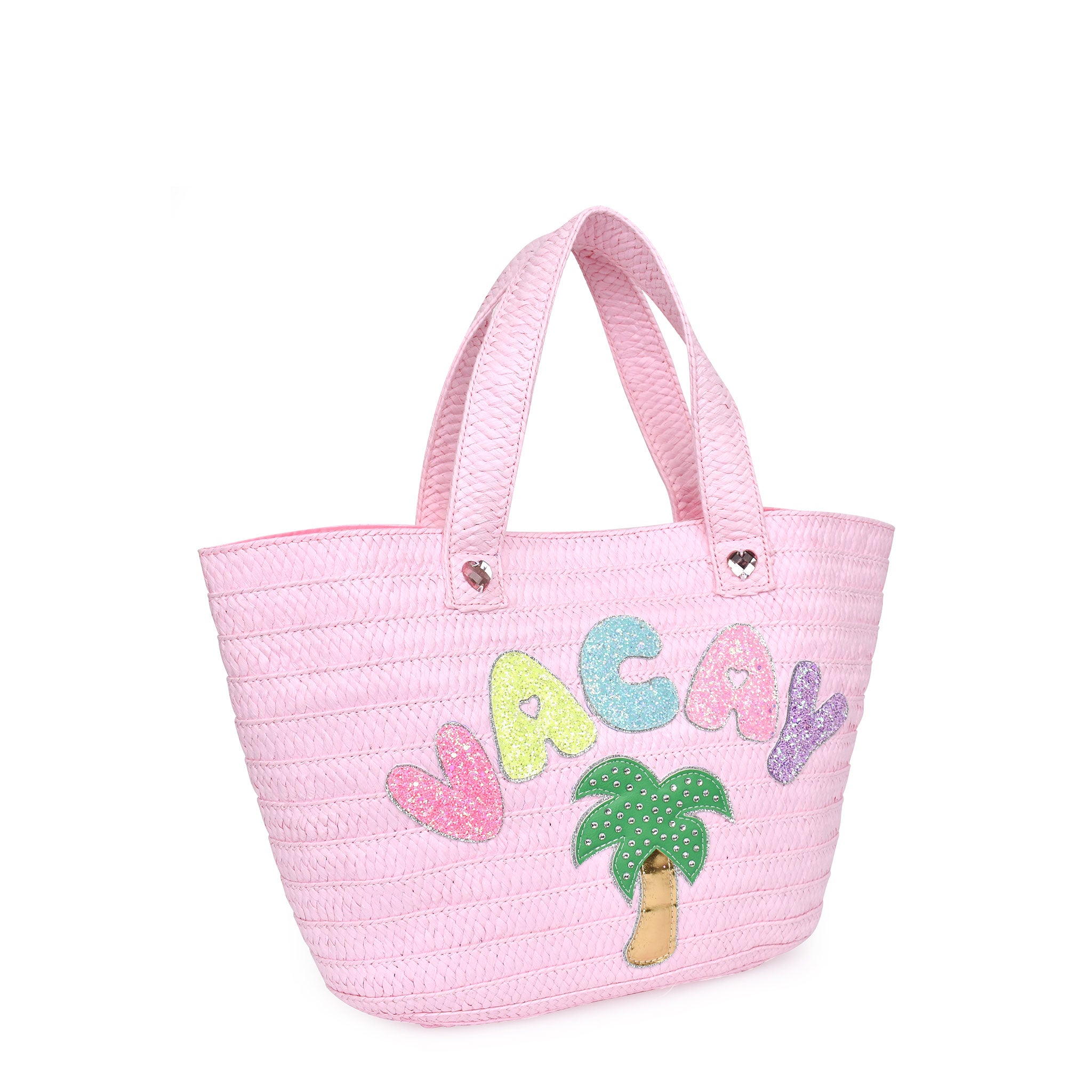 Side view of a pink straw beach tote with glitter bubble letters 'VACAY' and palm tree appliqué