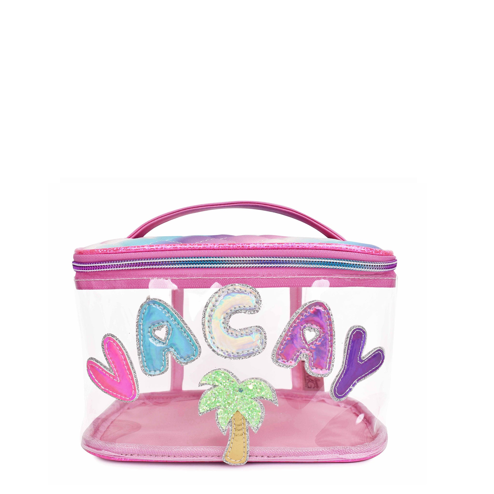 Front view of clear pink 'Vacay' glam bag with palm tree patch