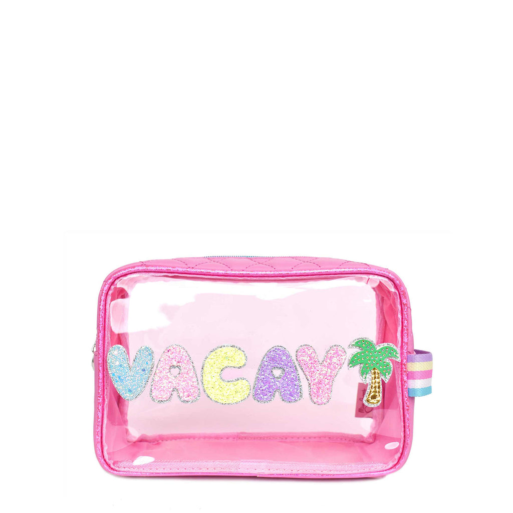 Front view of clear pink 'Vacay' pouch with glitter bubble-letter patches and a rhinestone palm tree patch