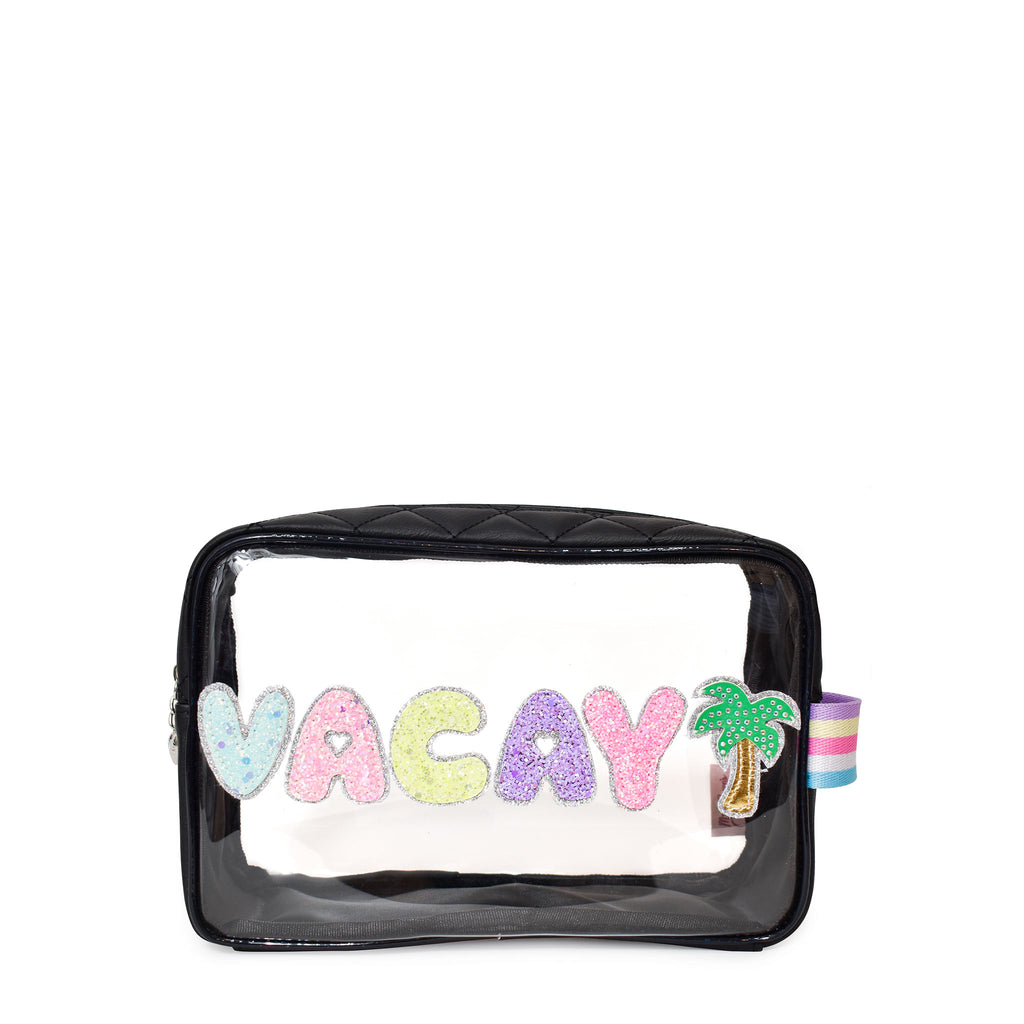 Front view of clear black 'Vacay' pouch with glitter bubble-letter patches and rhinestone palm tree patch