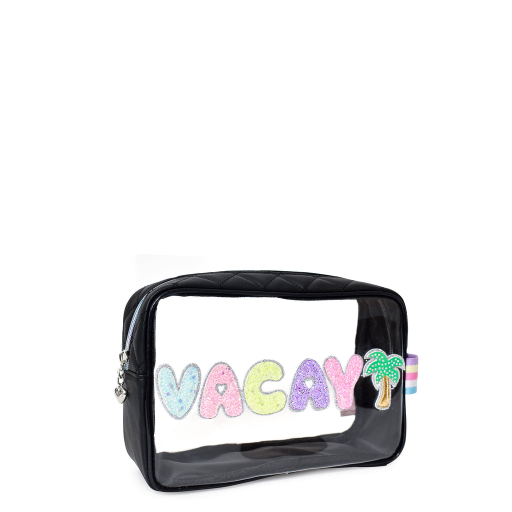 Side view of clear black 'Vacay' pouch with glitter bubble-letter patches and rhinestone palm tree patch