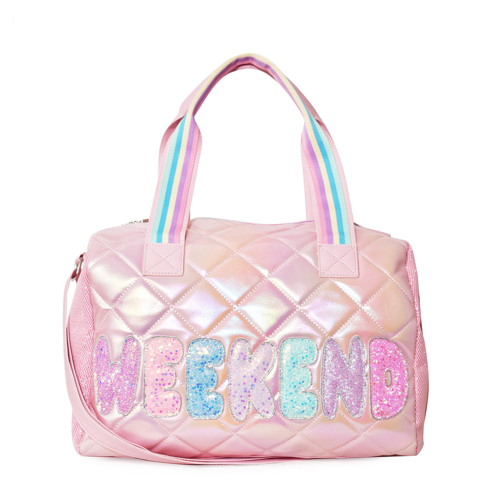Front view of light pink metallic quilted large duffle with glitter bubble-letters 'WEEKEND' appliqué