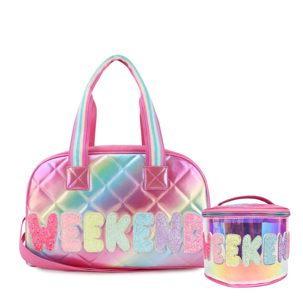 Front view of 'Weekend' metallic ombre medium-sized duffle bag and clear glazed 'Weekend' round glam bag value set