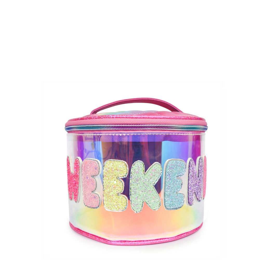 Front view of clear iridescent round train case with glitter bubble letters 'WEEKEND'