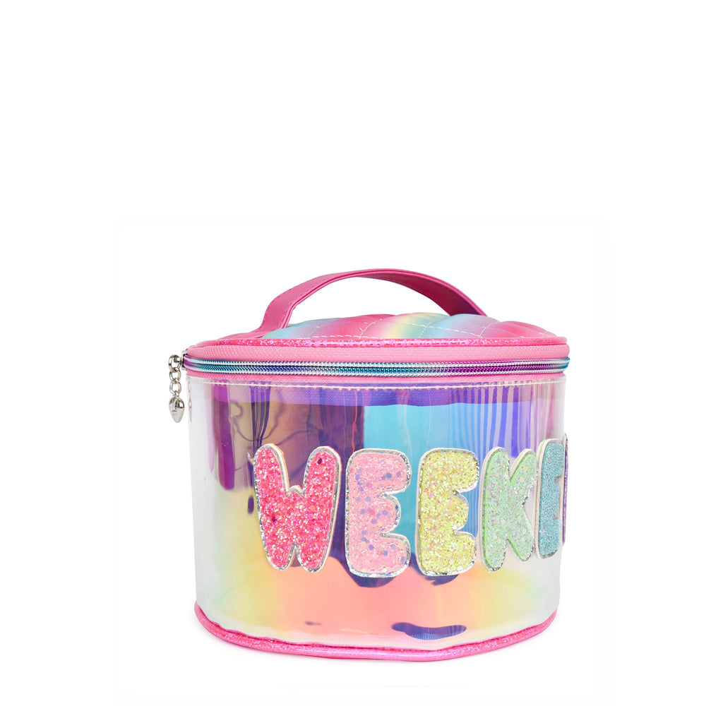 Side view of clear iridescent round train case with glitter bubble letters 'WEEKEND'