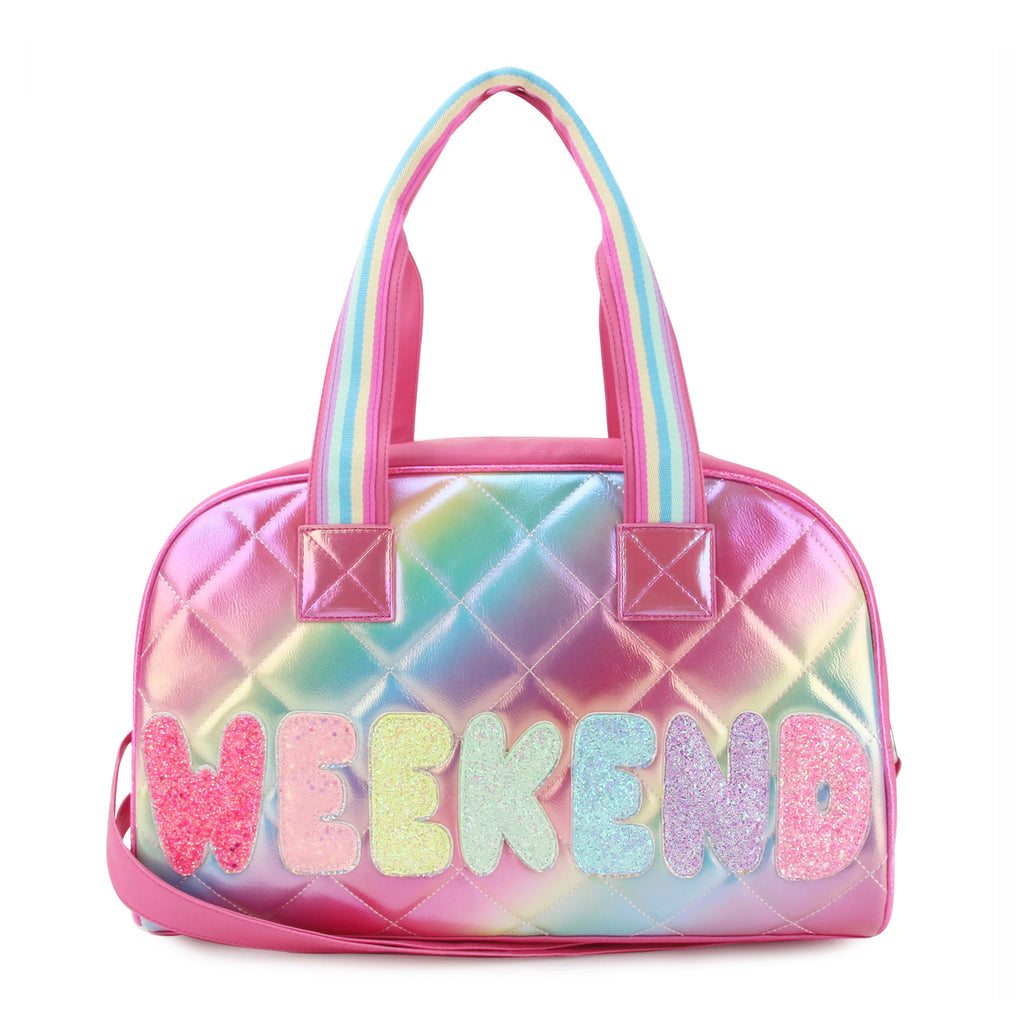 Front view of metallic quilted ombre medium 'Weekend' duffle with glitter bubble-letter patches