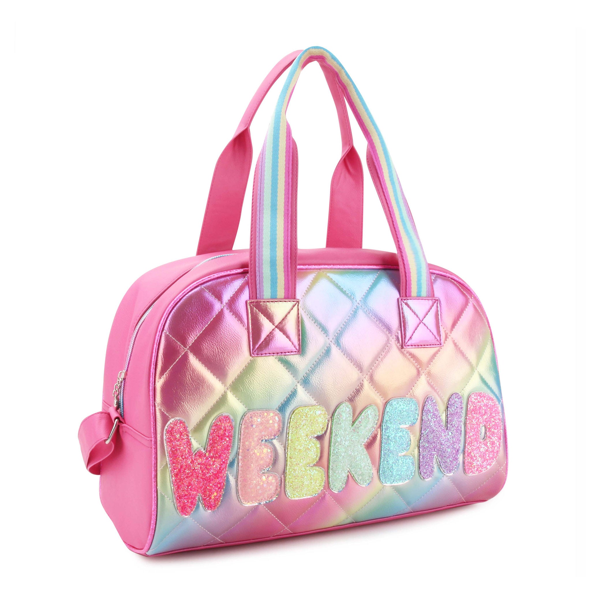 Side view of metallic quilted ombre medium 'Weekend' duffle with glitter bubble-letter patches