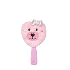 front  view of a plush teddy face hairbrush with a sequin bow appliqué 