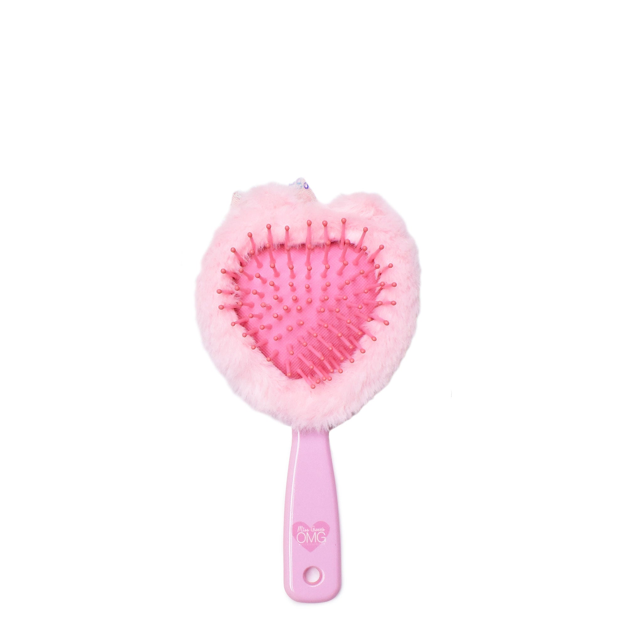 back  view of a plush teddy face hairbrush with a sequin bow appliqué 