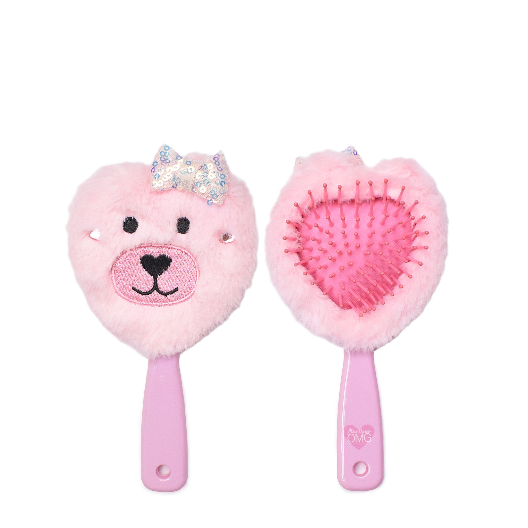 Front and back view of a plush teddy face hairbrush with a sequin bow appliqué 