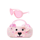 front view of a tweed teddy face sunglass case with a pari of pink heart shaped sunglasses