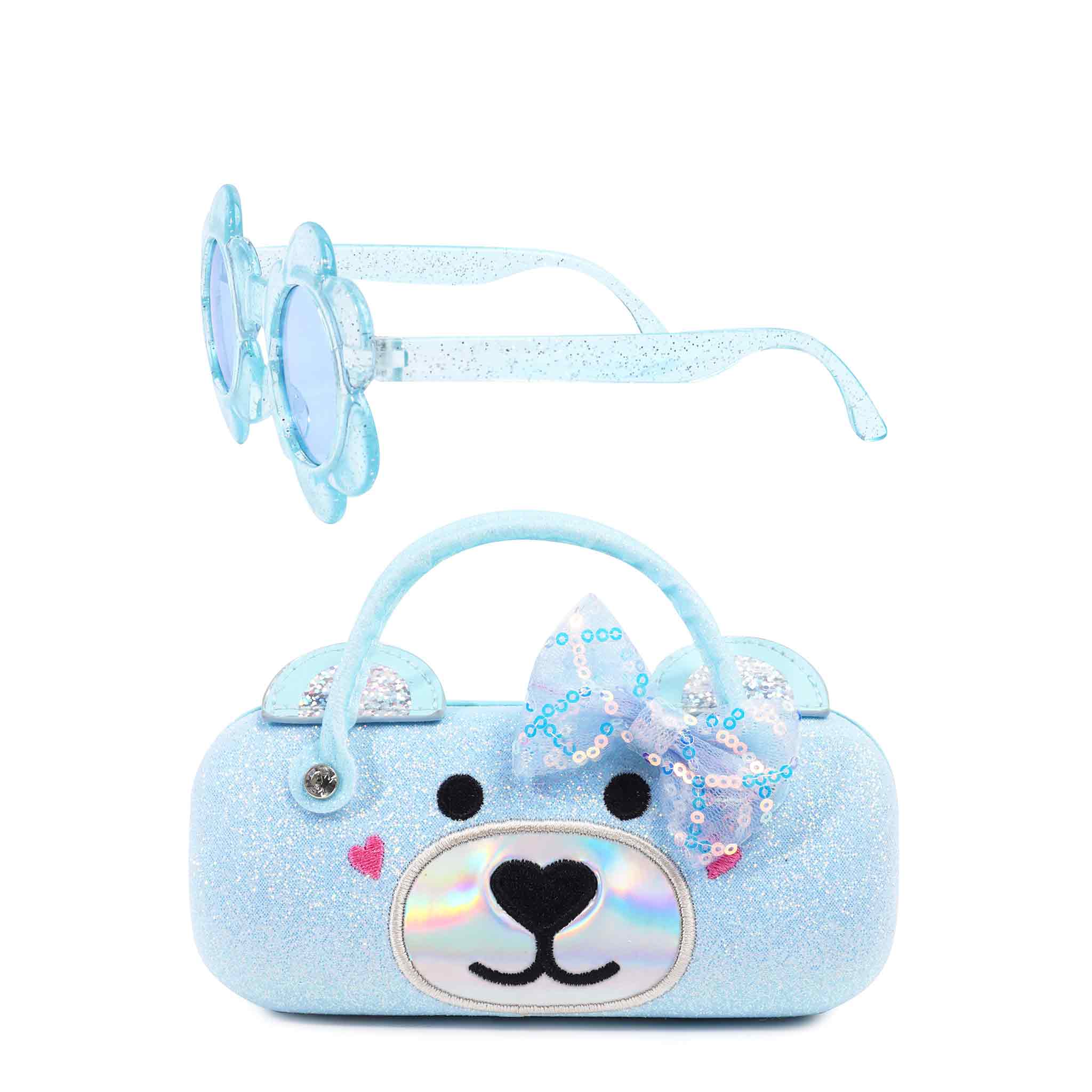 front view of a blue glitter, teddy face sunglass case with glitter flower shaped sunglasses