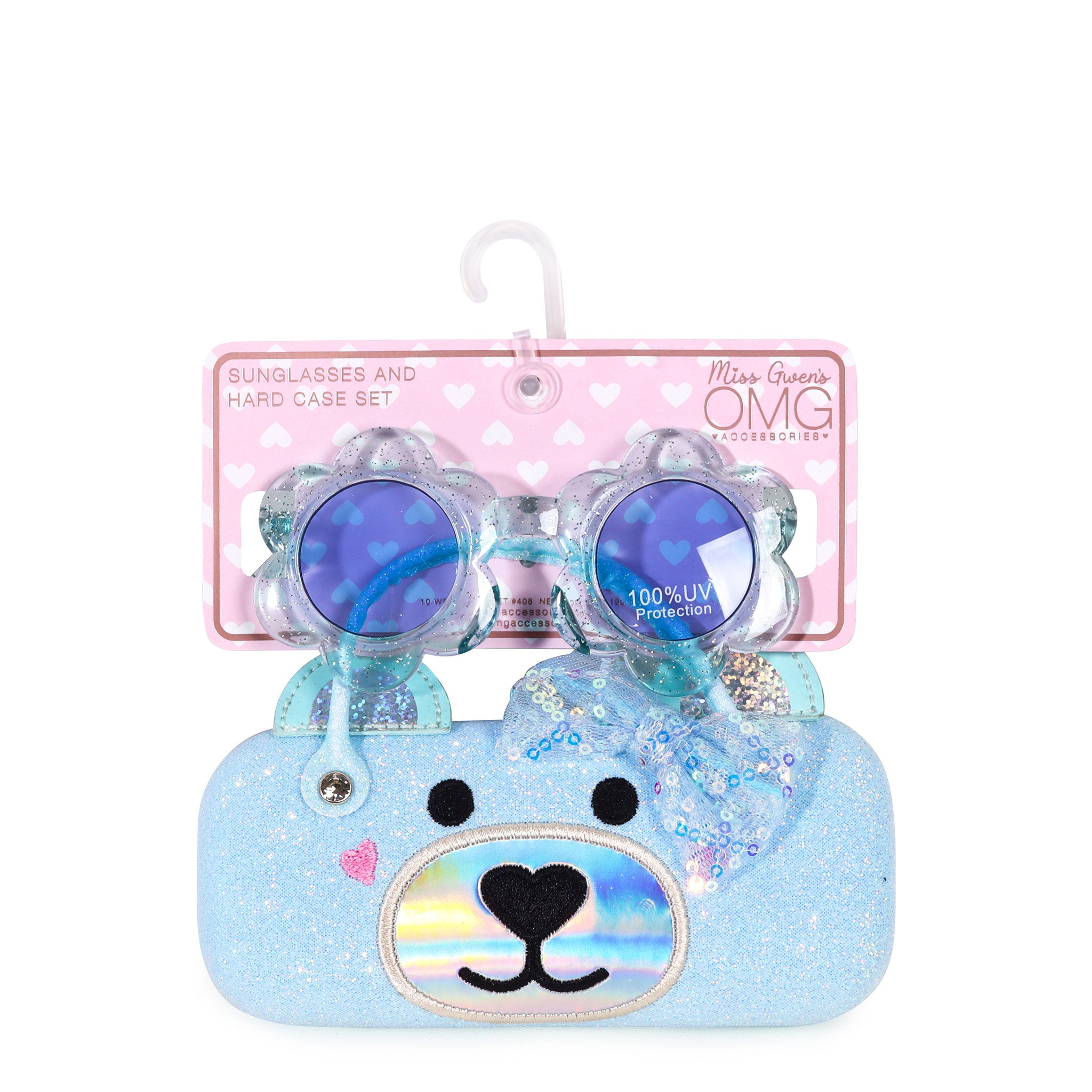 front view of a blue glitter, teddy face sunglass case with glitter flower shaped sunglasses in packaging 