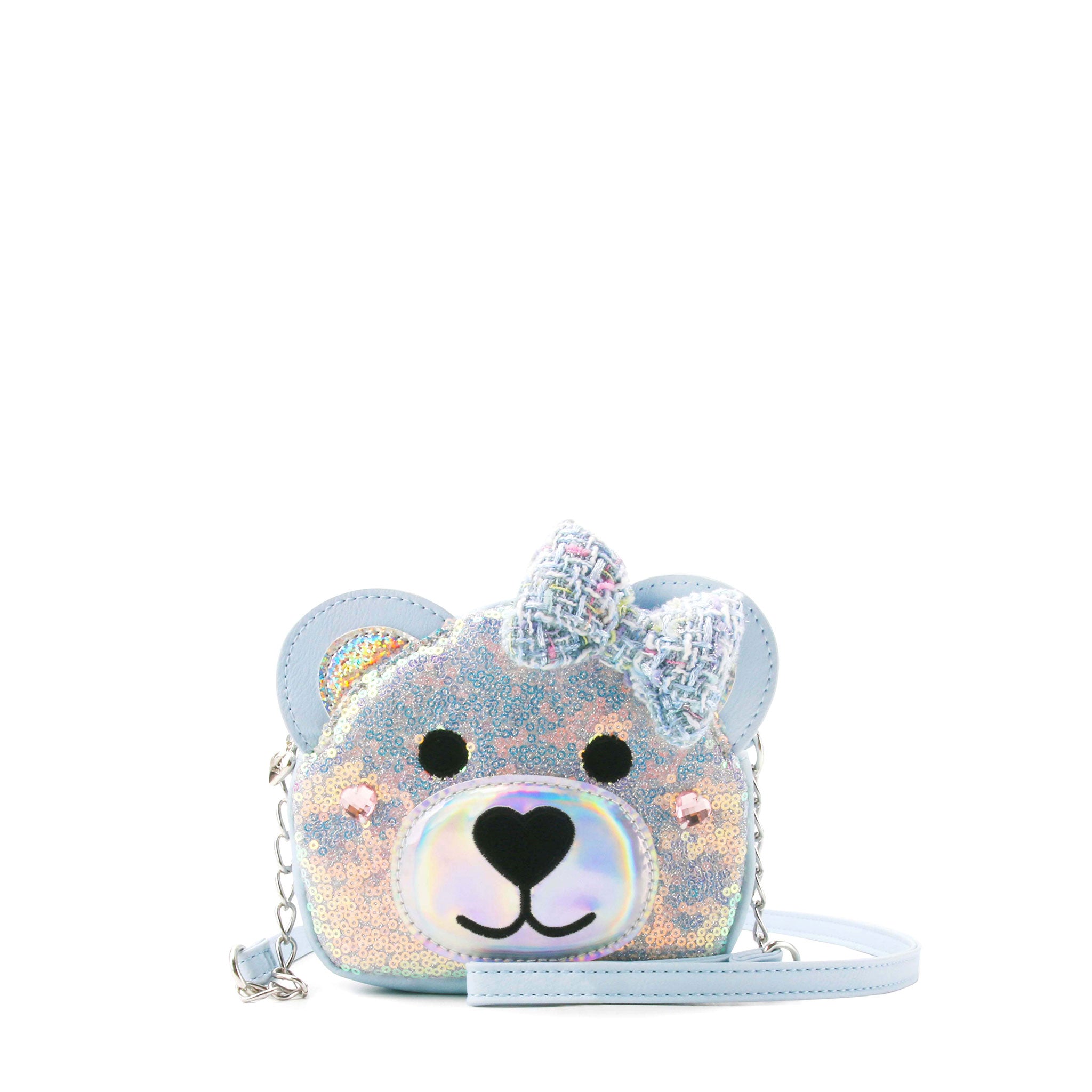 front view of a teddy face blue sequin crossbody with a tweed bow appliqué 