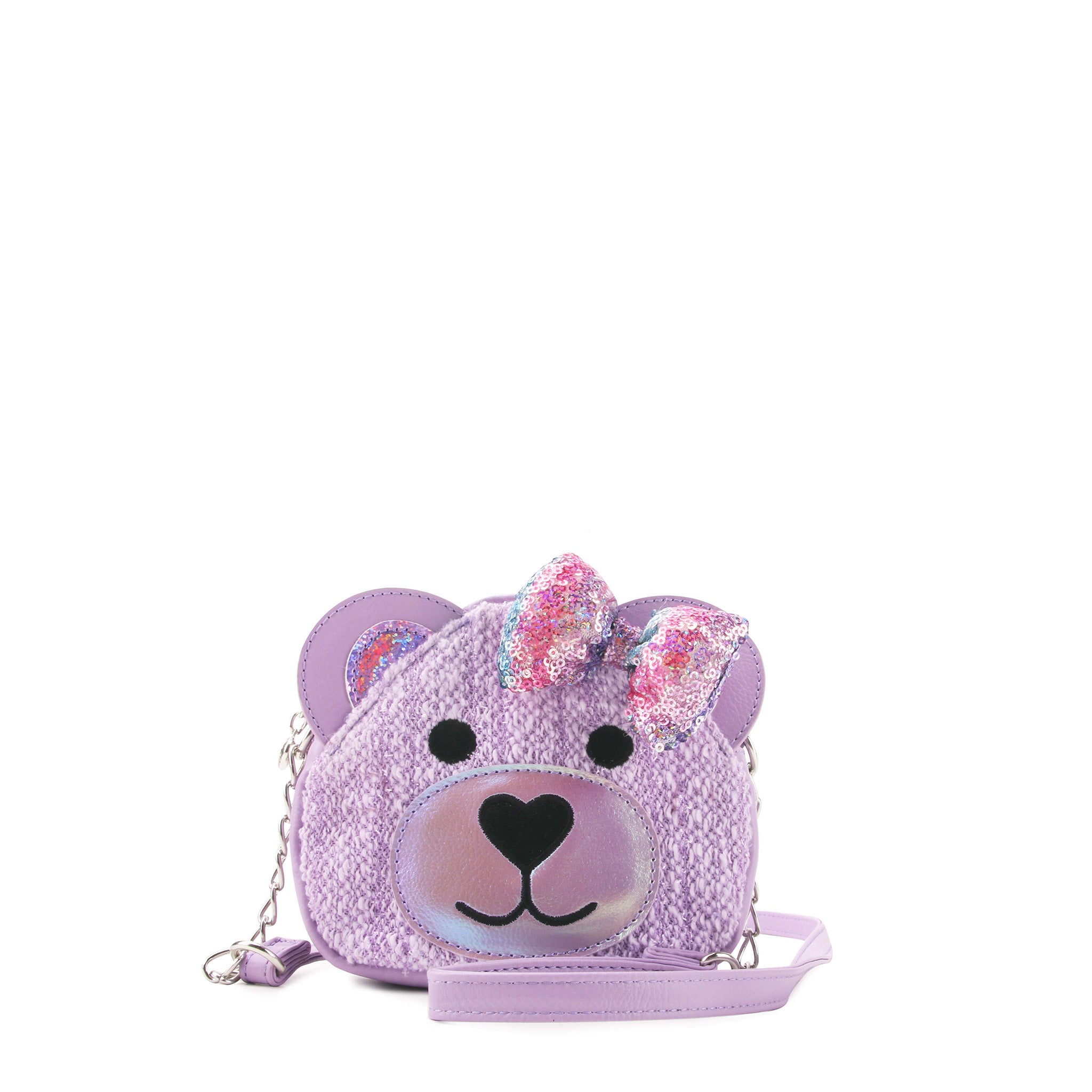 front view of a purple tweed teddy crossbody bag with a sequin puff bow appliqué 
