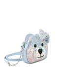 side  view of a teddy face blue sequin crossbody with a tweed bow appliqué 
