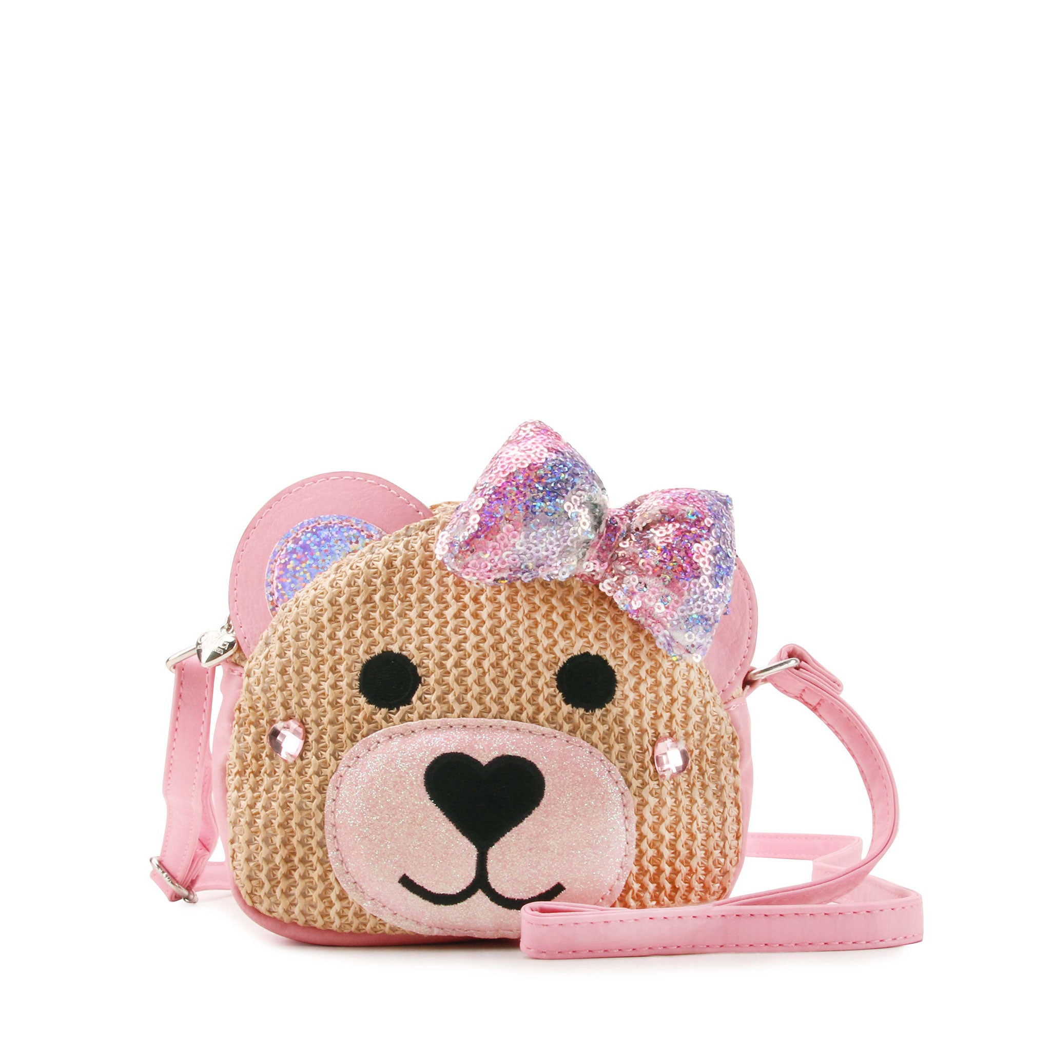 front view of a straw teddy crossbody bag with a sequin bow