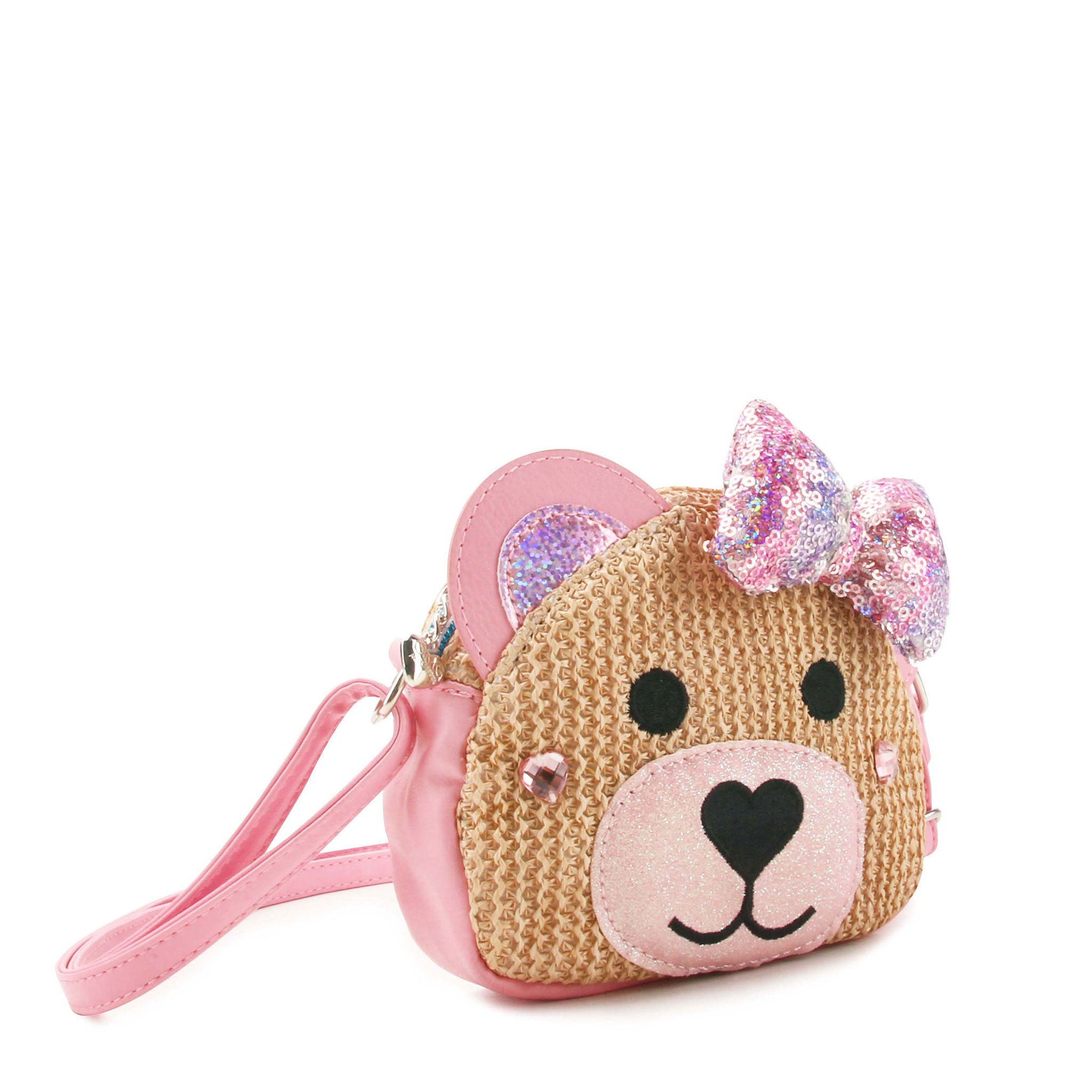 side view of a straw teddy crossbody bag with a sequin bow