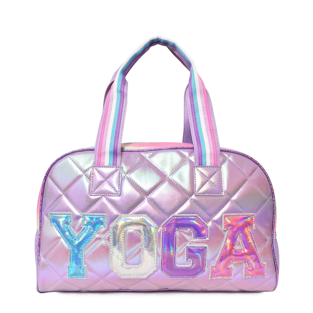 Front view of lavender quilted metallic 'Yoga' medium duffle with iridescent varsity-letter patches