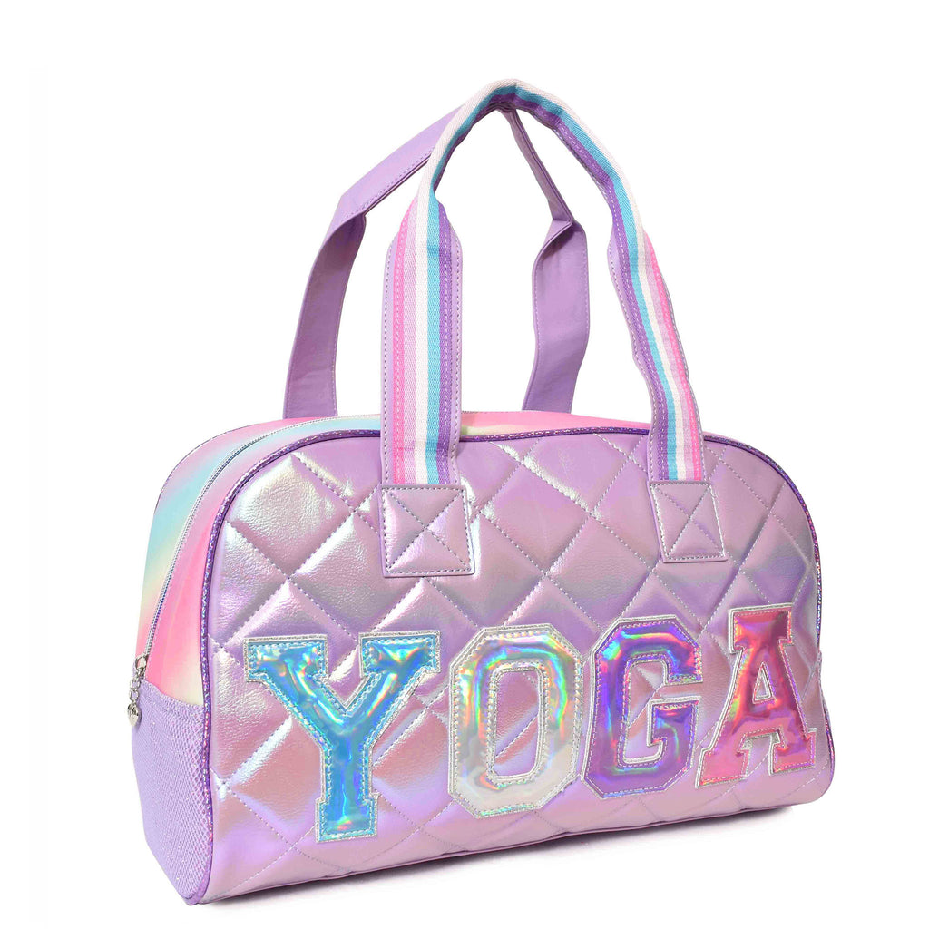 Side view of lavender quilted metallic 'Yoga' medium duffle with iridescent varsity-letter patches