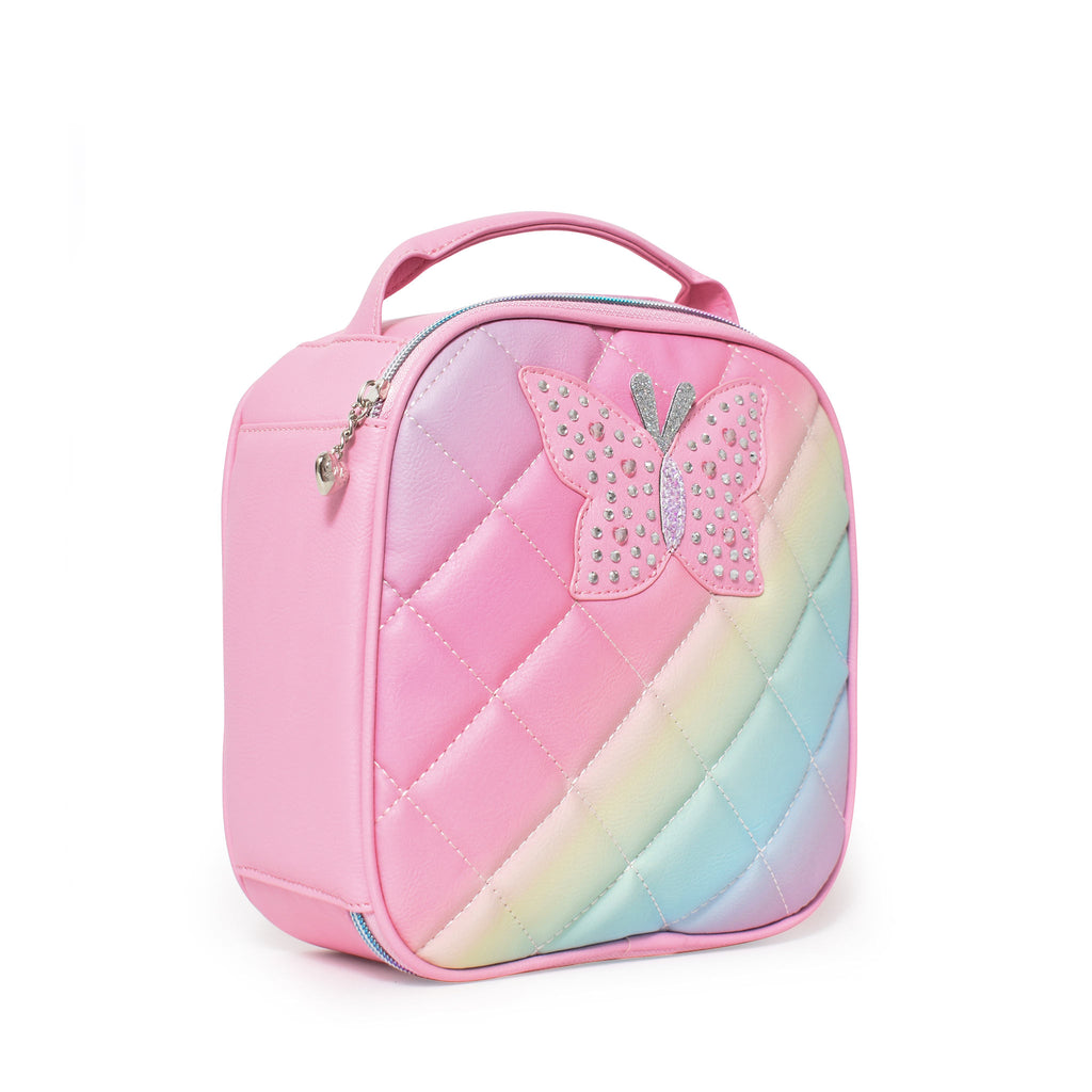 Side view of rainbow ombre quilted lunch bag embellished with a pink rhinestone butterfly.