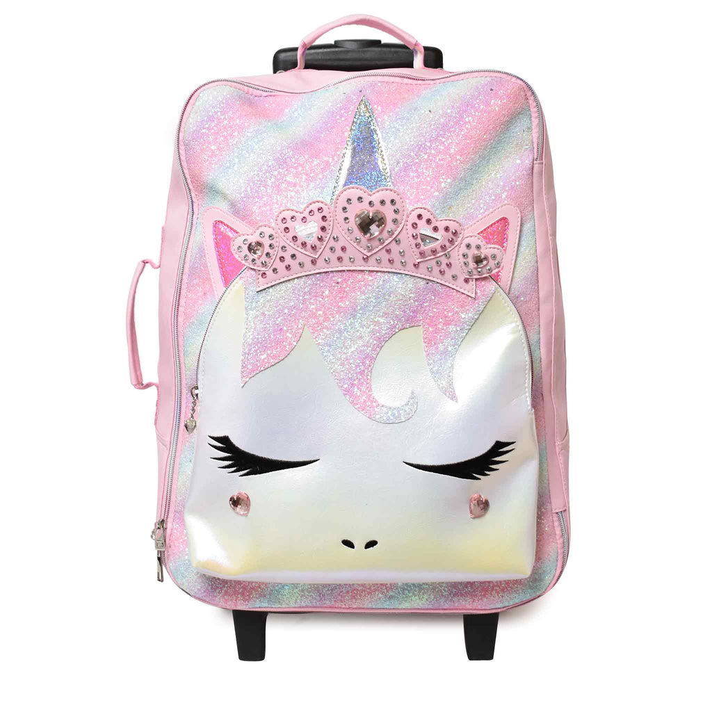  Front view unicorn rolling carry-on in a  pink and blue glitter strip background with a gem-encrusted tiara and glitter print appliqué